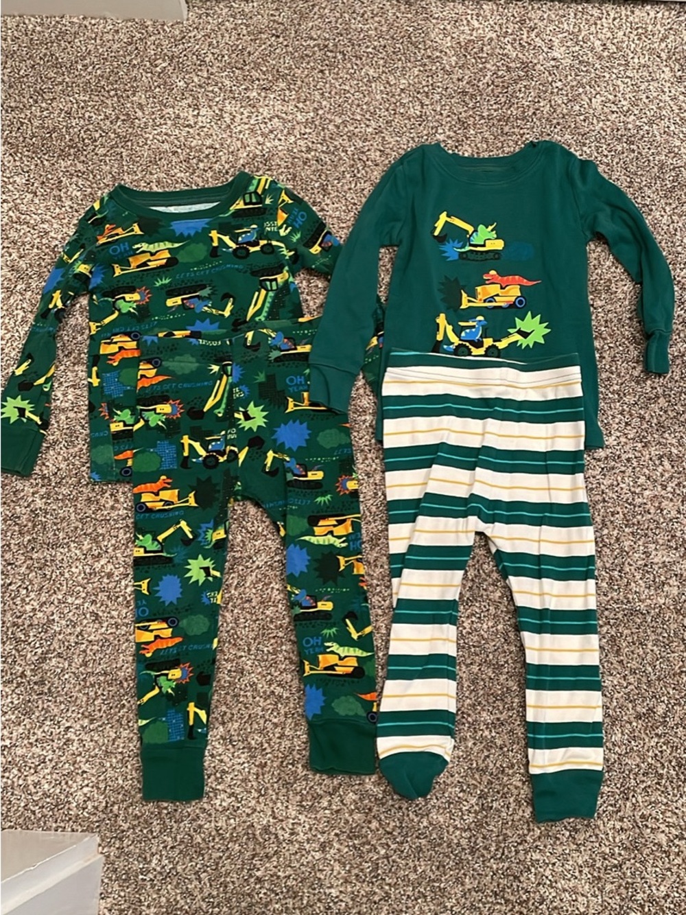 Old Navy Green Construction Vehicles Kids Pajama Set with Yellow Accents